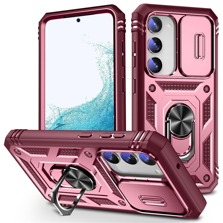 For Samsung Galaxy S23+ Anti-fall Phone Case with Ring Kickstand Card Holder Phone Back Cover with Sliding Camera Lid