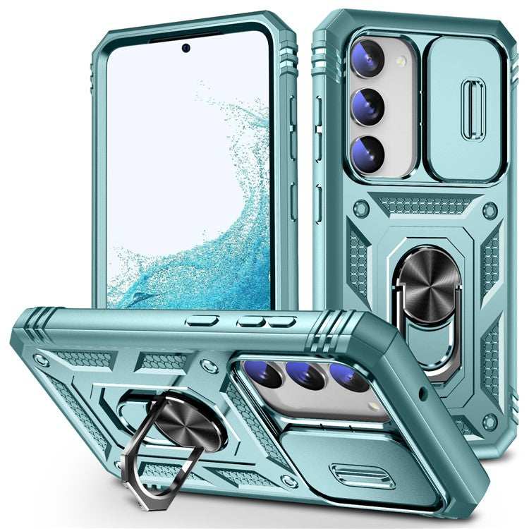 For Samsung Galaxy S23+ Anti-fall Phone Case with Ring Kickstand Card Holder Phone Back Cover with Sliding Camera Lid
