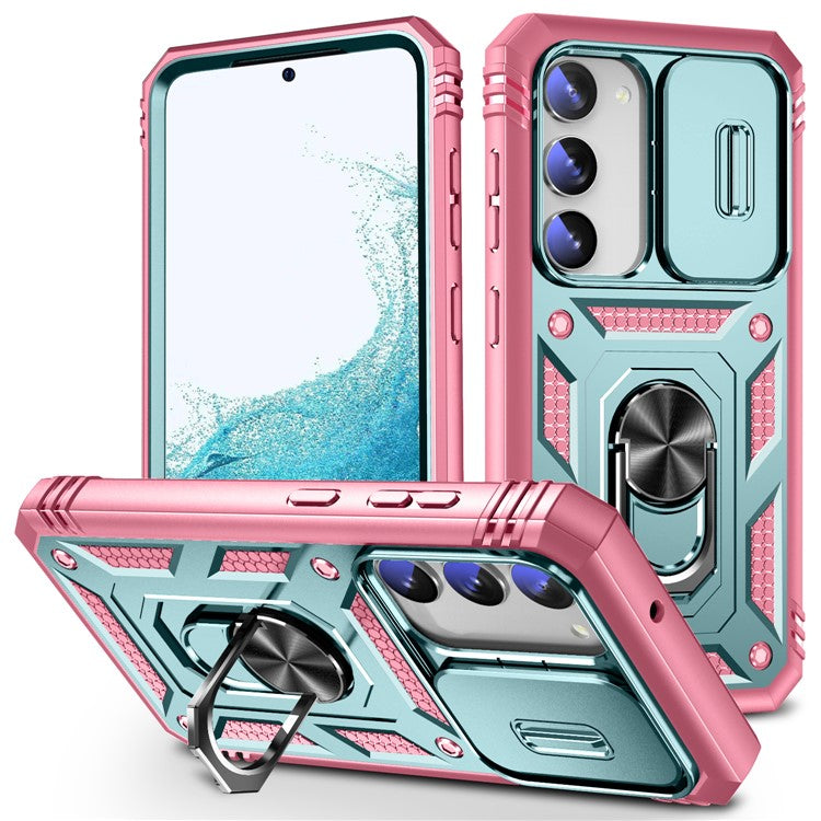 For Samsung Galaxy S23+ Anti-fall Phone Case with Ring Kickstand Card Holder Phone Back Cover with Sliding Camera Lid