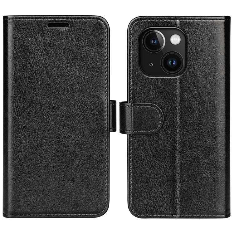 För iPhone 15 PU Läder Stativ Cover Crazy Horse Texture Plånbok Flip Telefon Fodral
