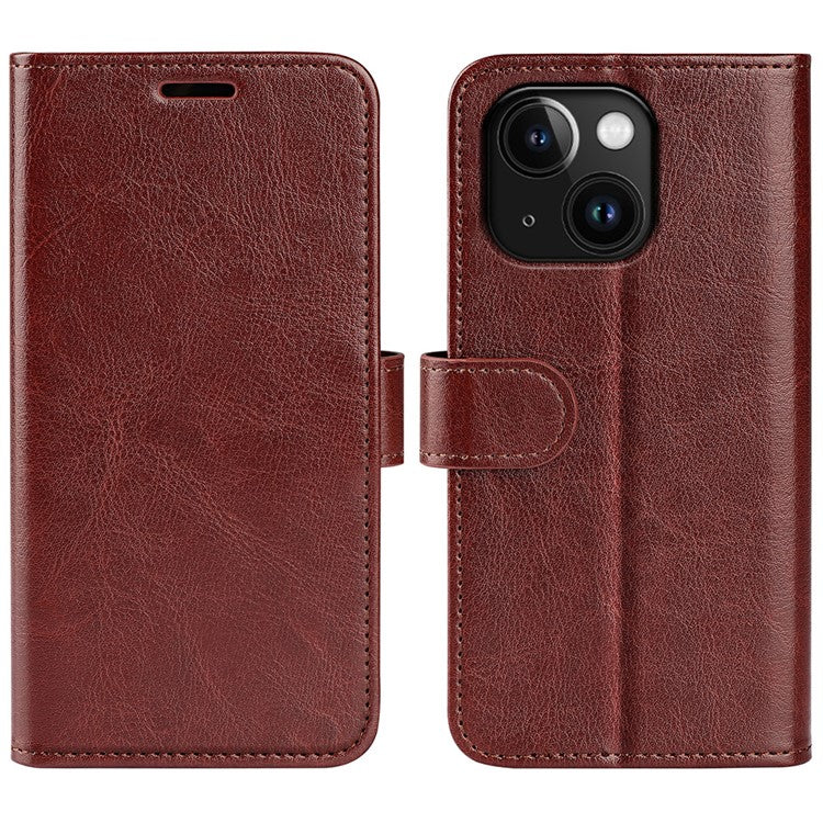För iPhone 15 PU Läder Stativ Cover Crazy Horse Texture Plånbok Flip Telefon Fodral