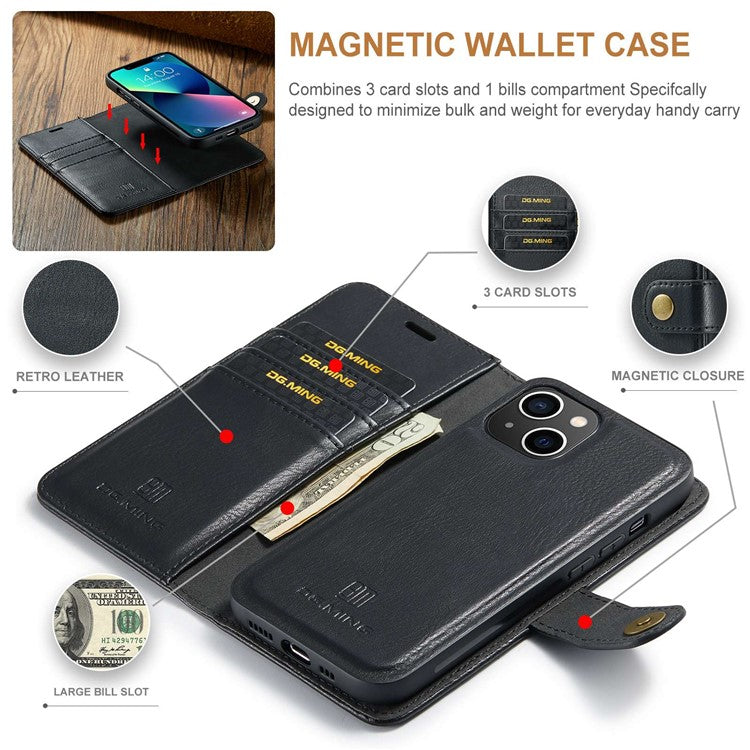 DG.MING för iPhone 15 Anti-Scratch Split Läder Plånboksställ Fodral Avtagbart magnetiskt telefonfodral