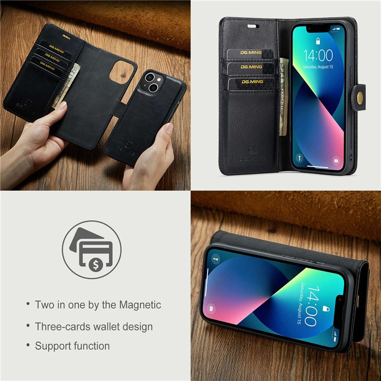 DG.MING för iPhone 15 Anti-Scratch Split Läder Plånboksställ Fodral Avtagbart magnetiskt telefonfodral
