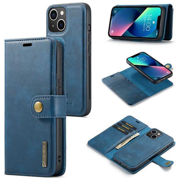 DG.MING för iPhone 15 Anti-Scratch Split Läder Plånboksställ Fodral Avtagbart magnetiskt telefonfodral