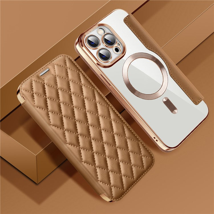 För iPhone 11 Pro Max RFID-blockerande skydd mot fall med linsfilm Rhombus-läderkorthållarfodral Kompatibel med MagSafe