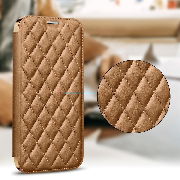 För iPhone 11 Pro Max RFID-blockerande skydd mot fall med linsfilm Rhombus-läderkorthållarfodral Kompatibel med MagSafe