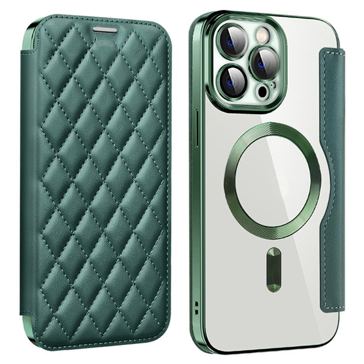 För iPhone 11 Pro Max RFID-blockerande skydd mot fall med linsfilm Rhombus-läderkorthållarfodral Kompatibel med MagSafe