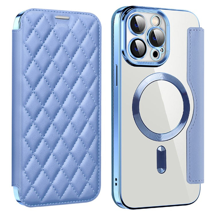 För iPhone 11 Pro Max RFID-blockerande skydd mot fall med linsfilm Rhombus-läderkorthållarfodral Kompatibel med MagSafe