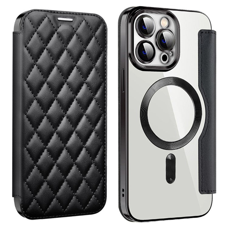 För iPhone 11 Pro Max RFID-blockerande skydd mot fall med linsfilm Rhombus-läderkorthållarfodral Kompatibel med MagSafe