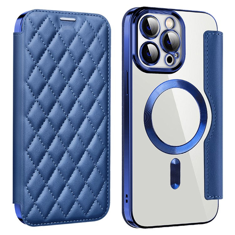 För iPhone 11 Pro Max RFID-blockerande skydd mot fall med linsfilm Rhombus-läderkorthållarfodral Kompatibel med MagSafe