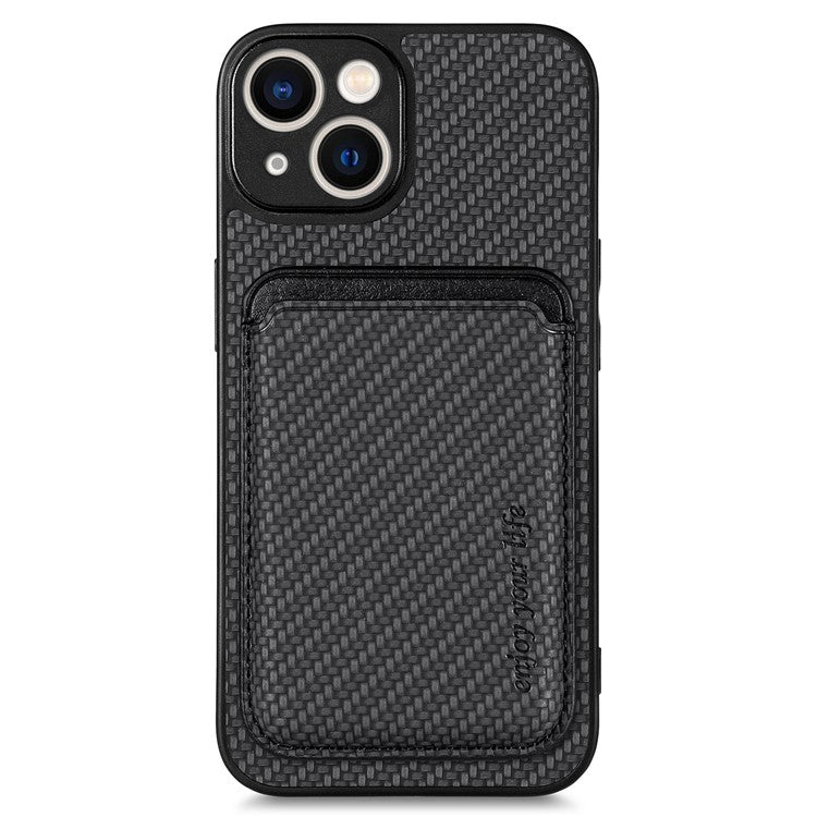 För iPhone 15 Plus Avtagbart telefonfodral Kolfiber Magnetisk korthållare Läder+PC+TPU-skal