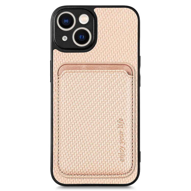 För iPhone 15 Plus Avtagbart telefonfodral Kolfiber Magnetisk korthållare Läder+PC+TPU-skal