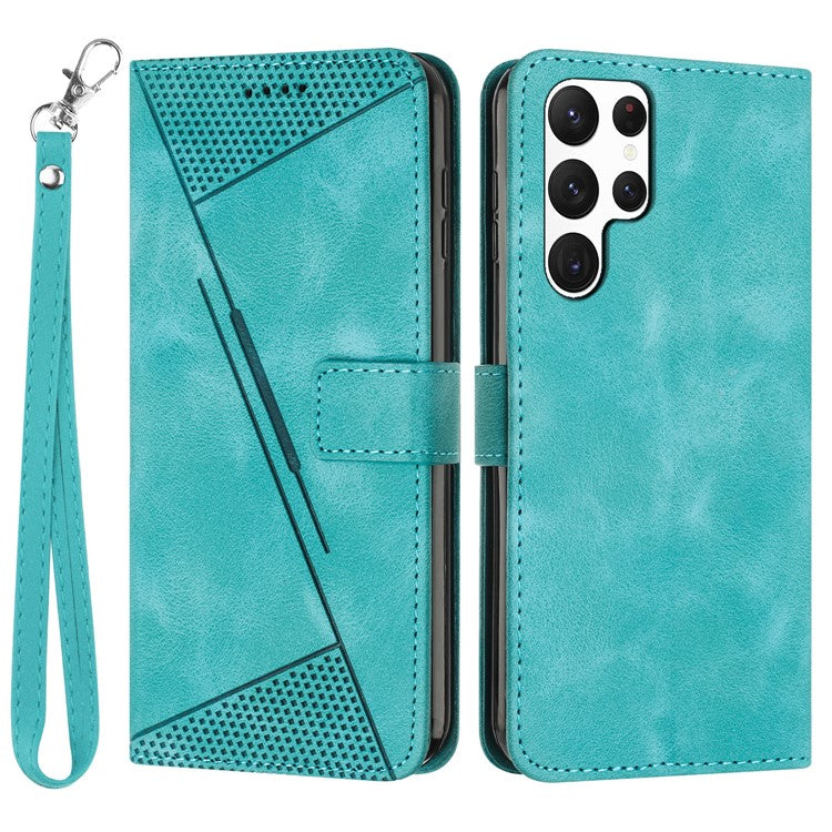 Triangle Imprint Leather Case for Samsung Galaxy S23 Ultra , Flip Stand Wallet Phone Cover with Strap