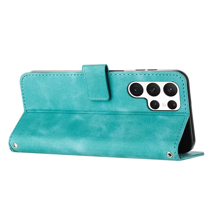 Triangle Imprint Leather Case for Samsung Galaxy S23 Ultra , Flip Stand Wallet Phone Cover with Strap