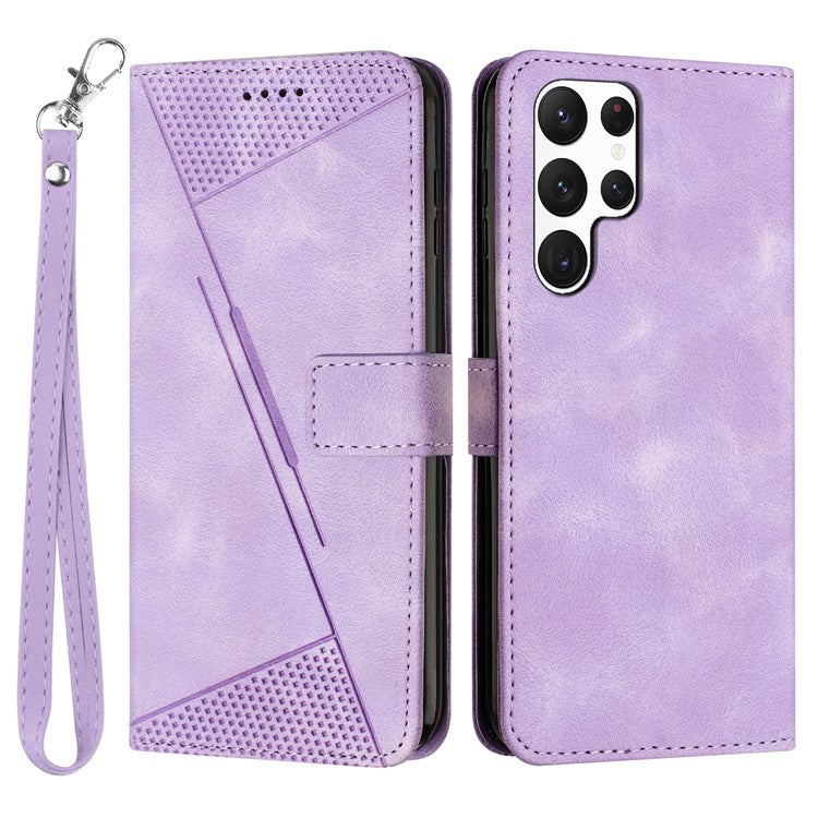Triangle Imprint Leather Case for Samsung Galaxy S23 Ultra , Flip Stand Wallet Phone Cover with Strap