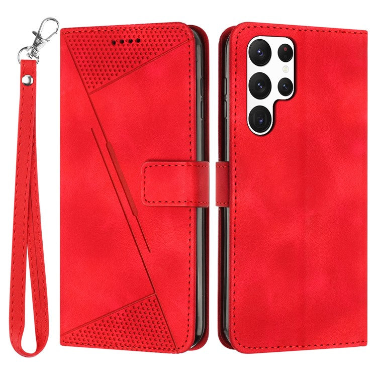 Triangle Imprint Leather Case for Samsung Galaxy S23 Ultra , Flip Stand Wallet Phone Cover with Strap