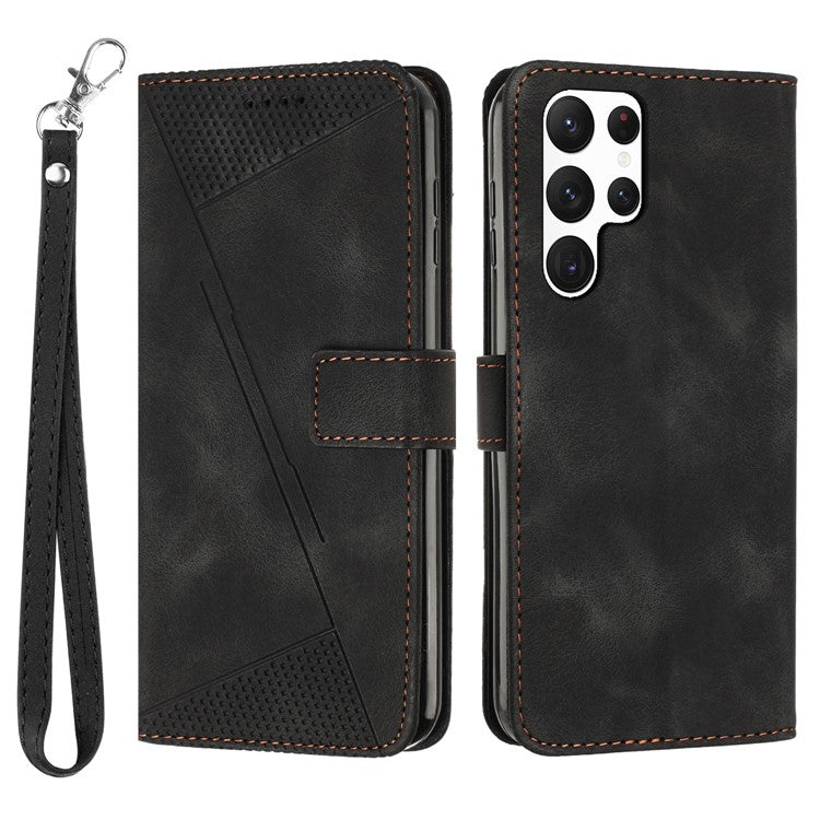 Triangle Imprint Leather Case for Samsung Galaxy S23 Ultra , Flip Stand Wallet Phone Cover with Strap