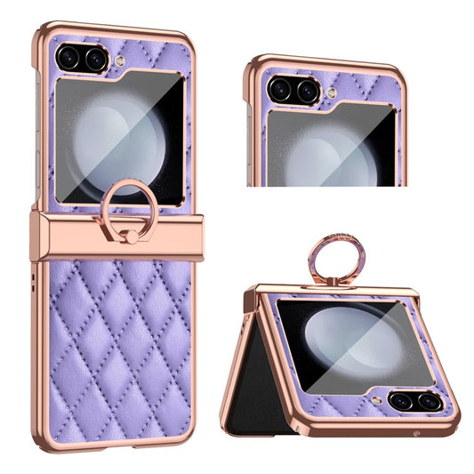 Stitching Line Imprinted Phone Case for Samsung Galaxy Z Flip5 5G PU+PC Kickstand Electroplating Phone Cover