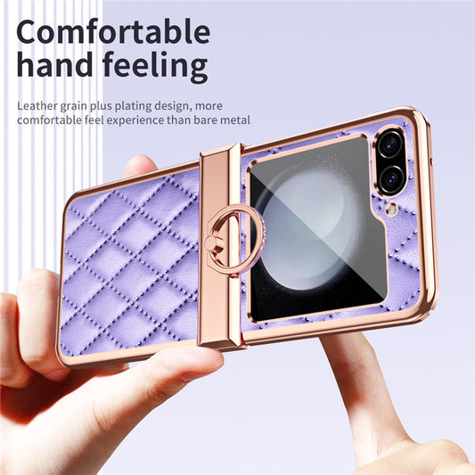 Stitching Line Imprinted Phone Case for Samsung Galaxy Z Flip5 5G PU+PC Kickstand Electroplating Phone Cover