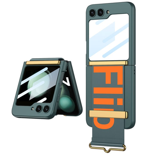 GKK For Samsung Galaxy Z Flip5 5G PC Ultra-Thin Case Wrist Band Kickstand Phone Cover with Tempered Glass Small Screen Film