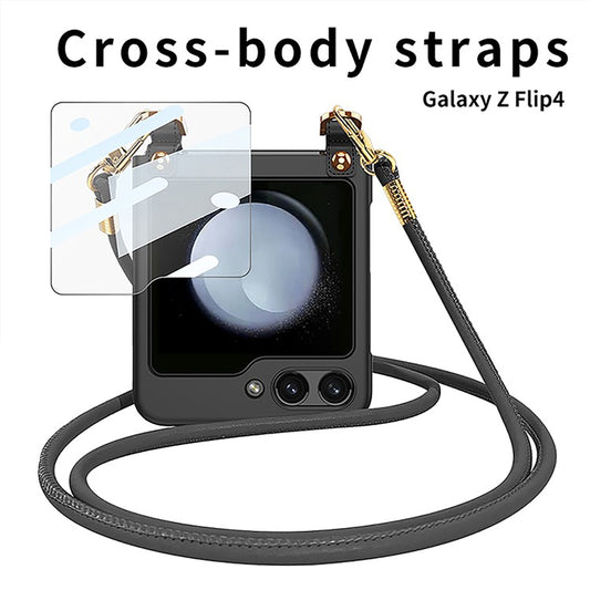 GKK For Samsung Galaxy Z Flip5 5G Hard PC Back Case Slim Protective Phone Cover with Tempered Glass Small Screen Film and Shoulder Strap