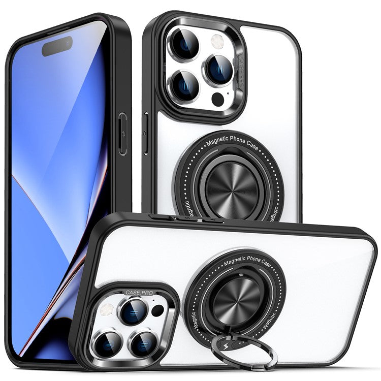 För iPhone 15 Pro Max PC + TPU + Akryl Telefonfodral Ring Kickstand Transparent skal Kompatibel med MagSafe