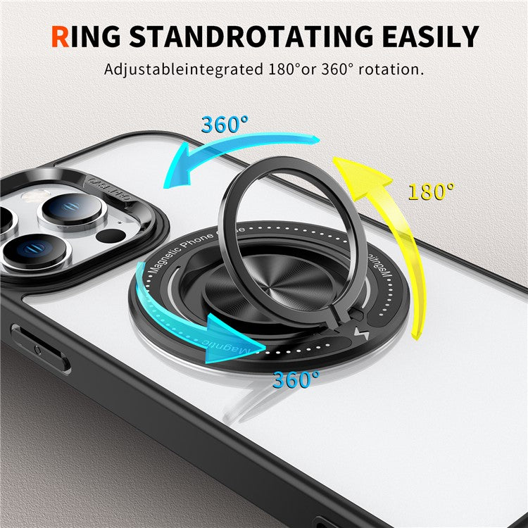För iPhone 15 Pro Max PC + TPU + Akryl Telefonfodral Ring Kickstand Transparent skal Kompatibel med MagSafe
