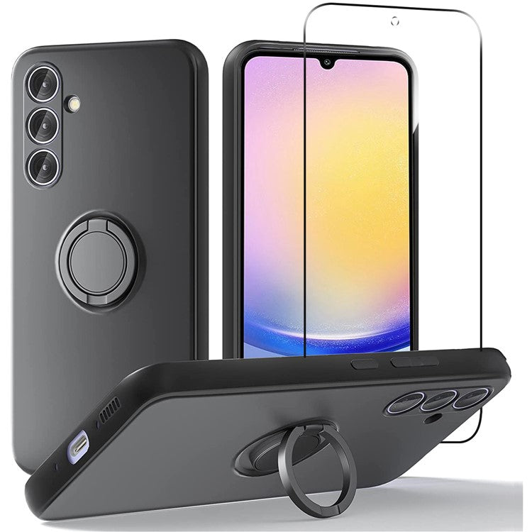 For Samsung Galaxy A25 5G (Global) (161.0 x 76.5 x 8.3mm) Liquid Silicone Kickstand Case + 2.5D Arc Edge Tempered Glass Film