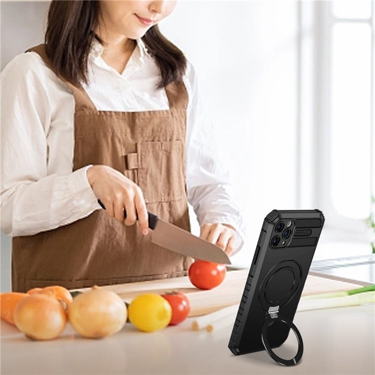 För iPhone 11 Pro-fodral Magnetisk PC+TPU-telefonskal med ringstöd