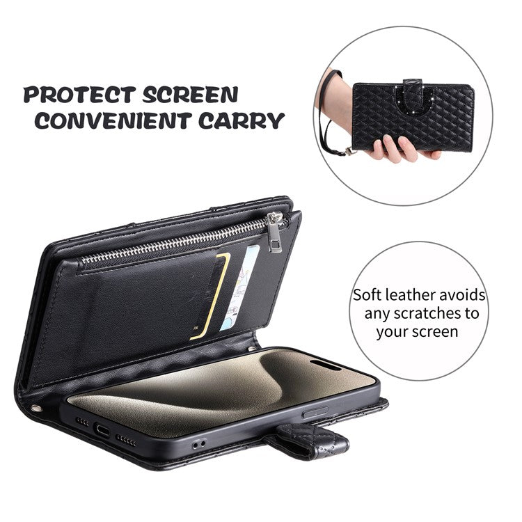 Style 012 for Samsung Galaxy S23 Case Zipper Pocket Handbag Case PU Leather Rhombus Pattern Phone Cover