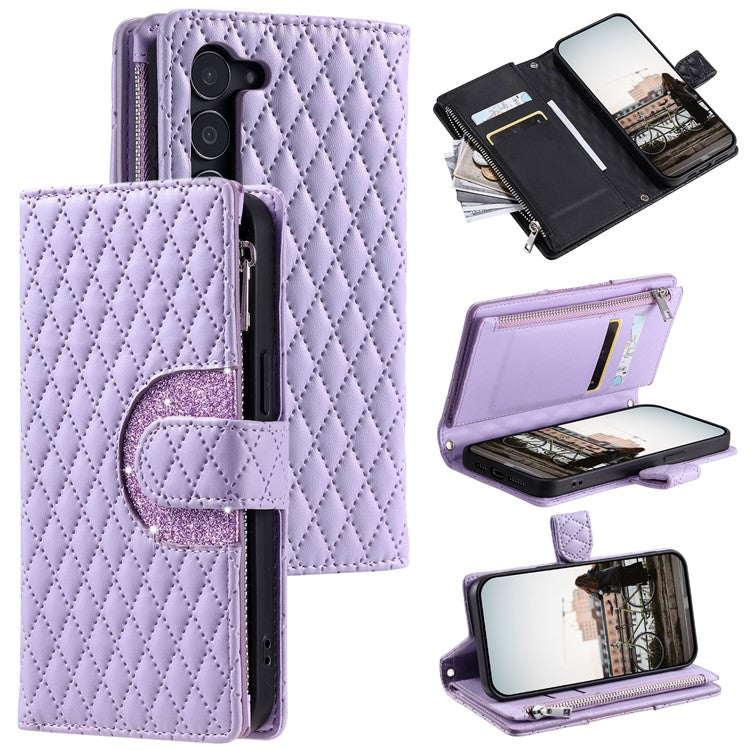 Style 012 for Samsung Galaxy S23 Case Zipper Pocket Handbag Case PU Leather Rhombus Pattern Phone Cover