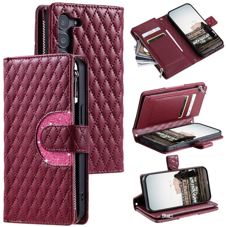 Style 012 for Samsung Galaxy S23 Case Zipper Pocket Handbag Case PU Leather Rhombus Pattern Phone Cover