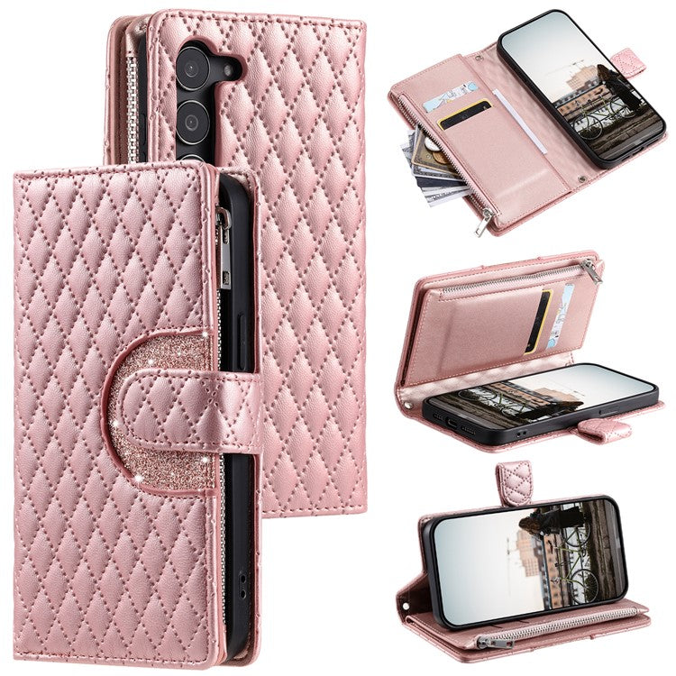 Style 012 for Samsung Galaxy S23 Case Zipper Pocket Handbag Case PU Leather Rhombus Pattern Phone Cover