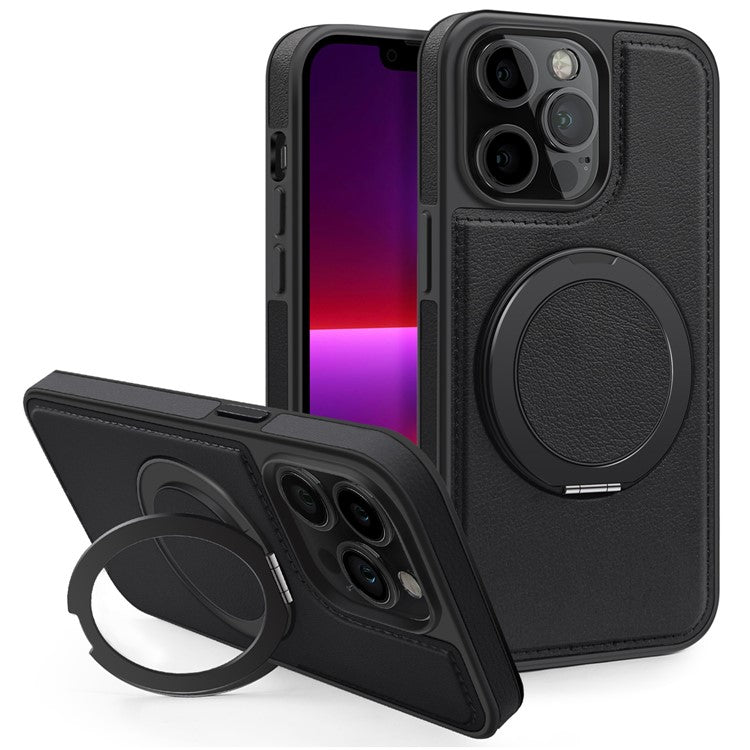 For iPhone 13 Pro Case with Ring Kickstand Compatible with MagSafe PU Leather Back Cove