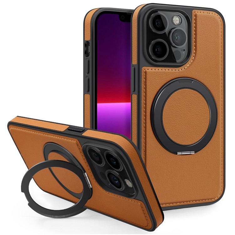 For iPhone 13 Pro Case with Ring Kickstand Compatible with MagSafe PU Leather Back Cove