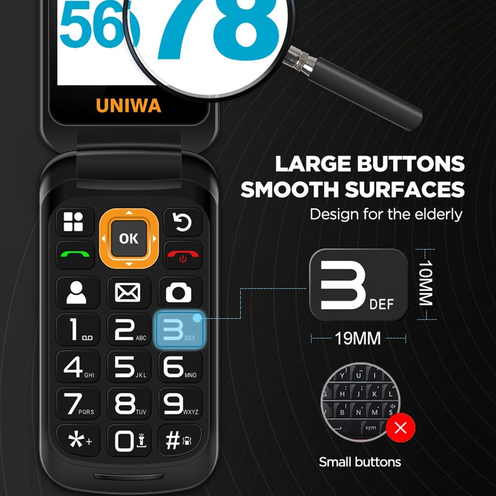 UNIWA V909T Single SIM 2.8/1.77 inch Flip Phone 2250mAh Battery 4G Cellphone with Rear Camera