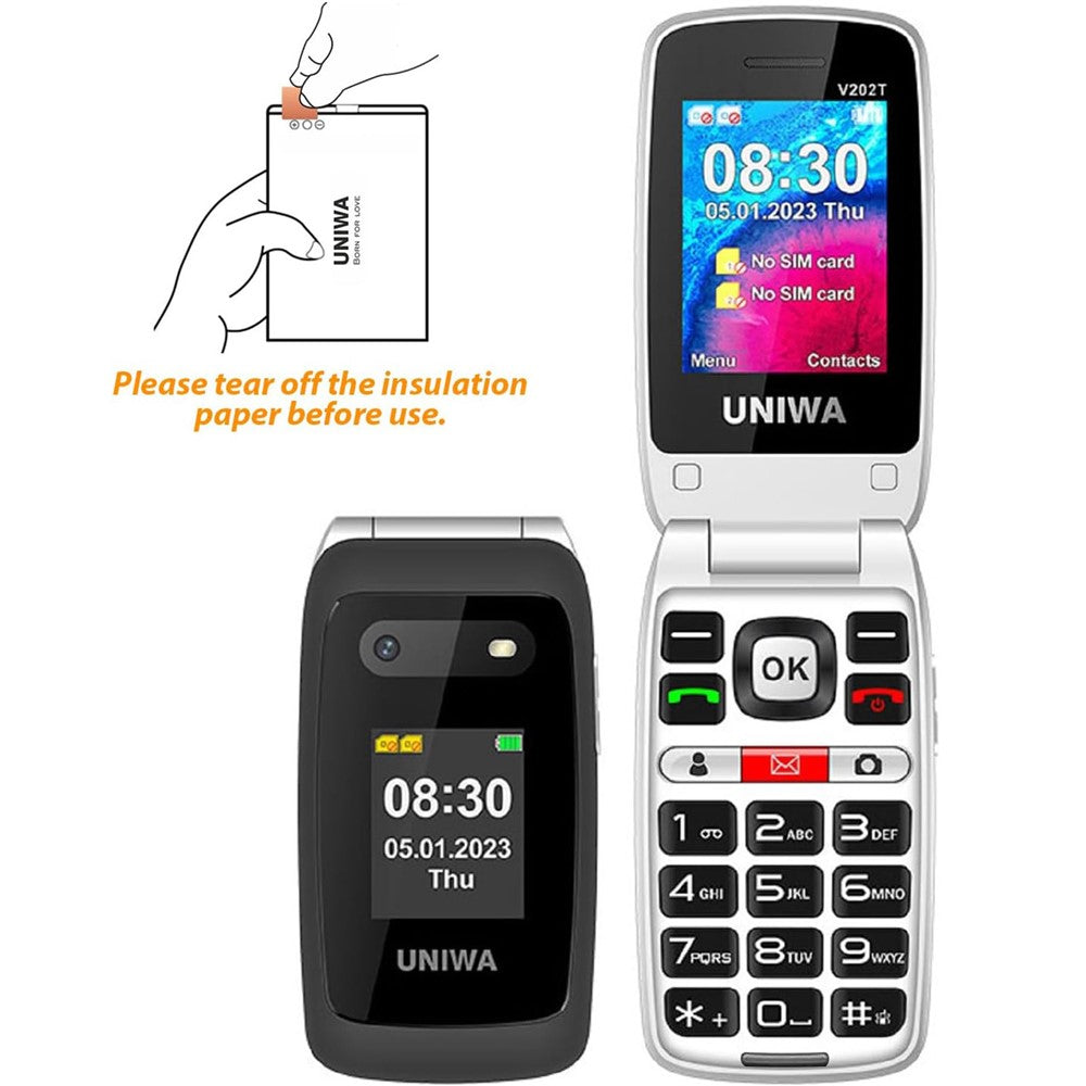 UNIWA V202T 4G Dual SIM Flip Phone for Seniors Dual Screens Basic Cell Phone with SOS Button Wireless FM Radio