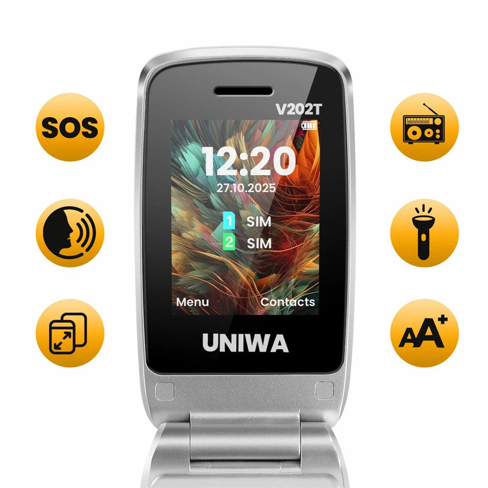 UNIWA V202T 4G Dual SIM Flip Phone for Seniors Dual Screens Basic Cell Phone with SOS Button Wireless FM Radio