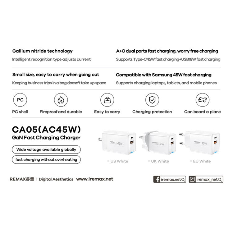 REMAX CA05 45W GaN Snabbladdare USB-C USB-A Dual Port Strömadapter