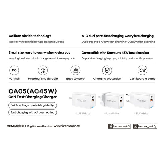 REMAX CA05 45W GaN Snabbladdare USB-C USB-A Dual Port Strömadapter
