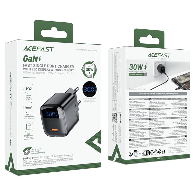 ACEFAST A115 PD 30W GaN USB-C väggladdare med LED-skärm Snabbladdaradapter