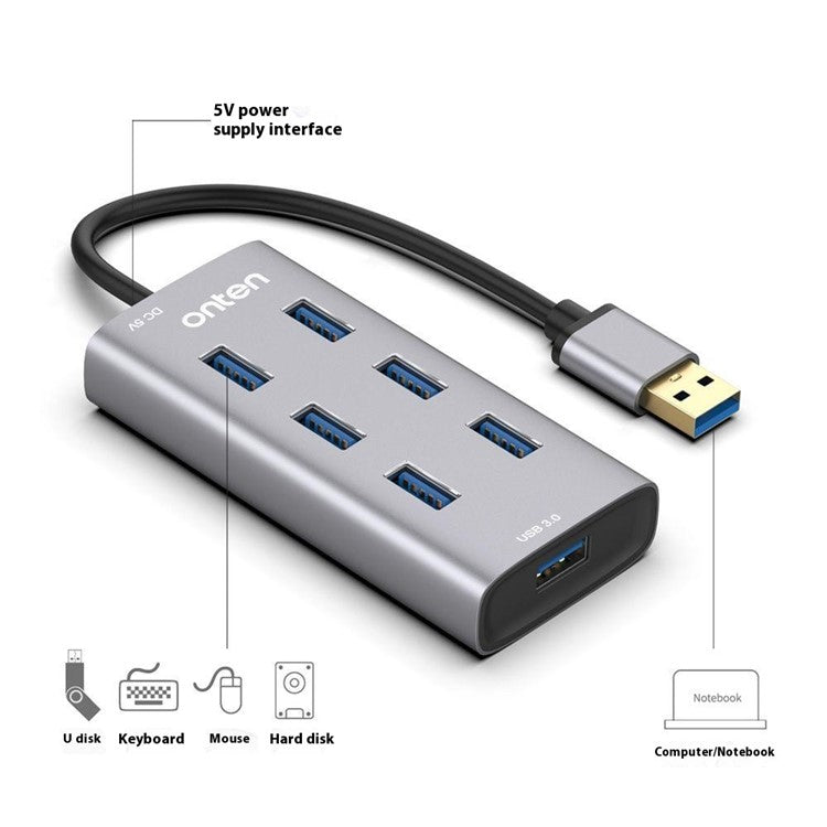 ONTEN 8108 Dator 7 Port USB 3.0 Hub Aluminiumlegering Multi USB Expansion Splitter