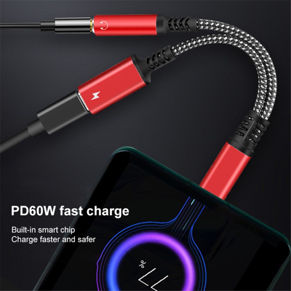 2-in-1 Type-C Male to PD 60W Type-C Charging + 3.5mm Audio Female Headphone Adapter Splitter