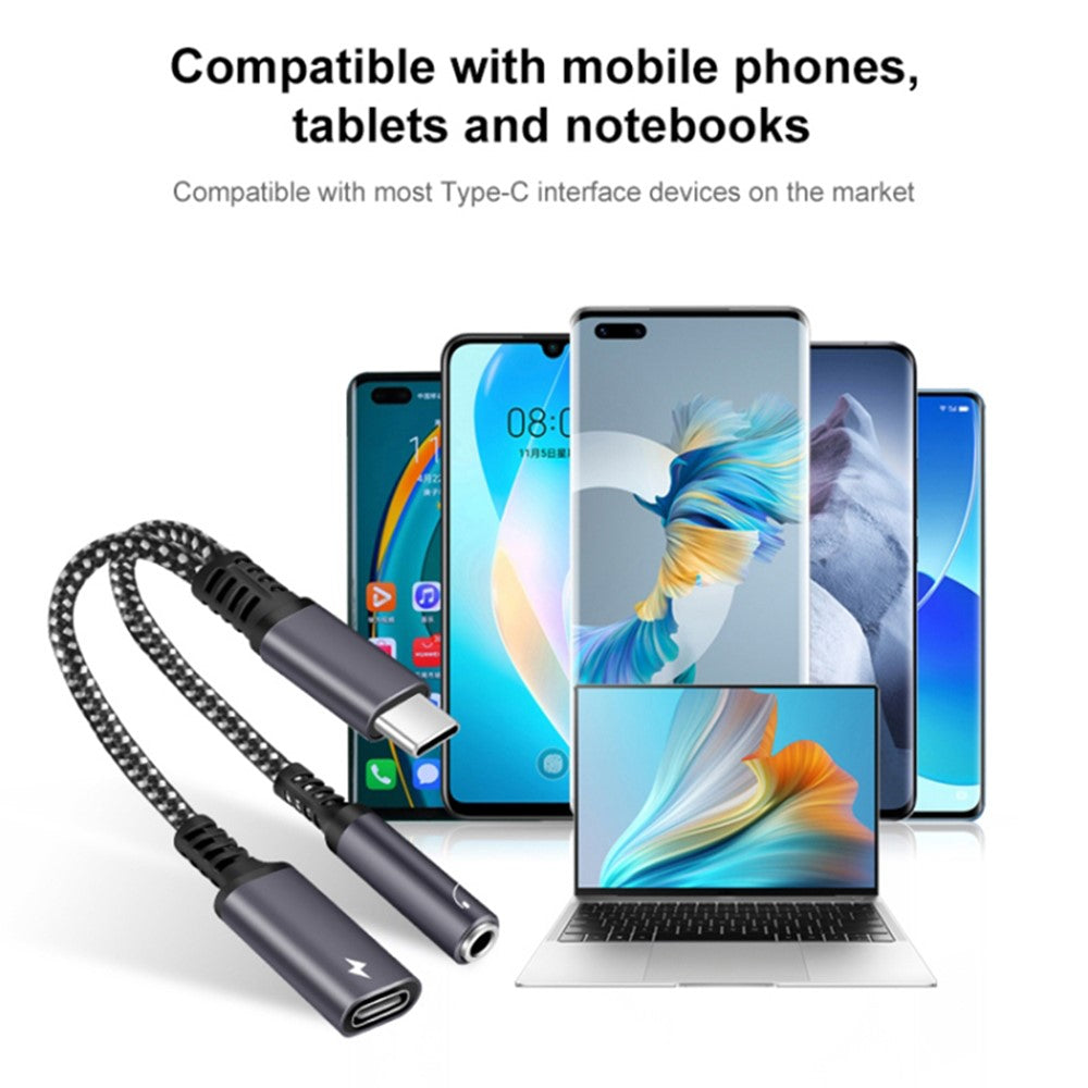 2-in-1 Type-C Male to PD 60W Type-C Charging + 3.5mm Audio Female Headphone Adapter Splitter