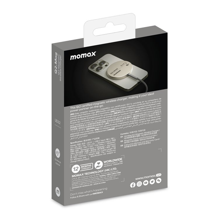 MOMAX Q2.Mag metall magnetisk trådlös laddare Qi2 certifierad 15W snabbladdning ultratunn laddare