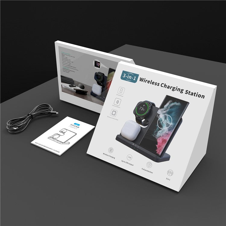 GY-Q10B 3 in 1 Fast Charger Pad Wireless Charging Station for Qi Standard Phone / Samsung Galaxy Watch / Earphon