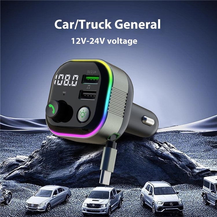 GZ11 65W PD Snabbladdning billaddare med infällbar typ C kabelspänningsdisplay Bluetooth-kompatibel MP3-spelare