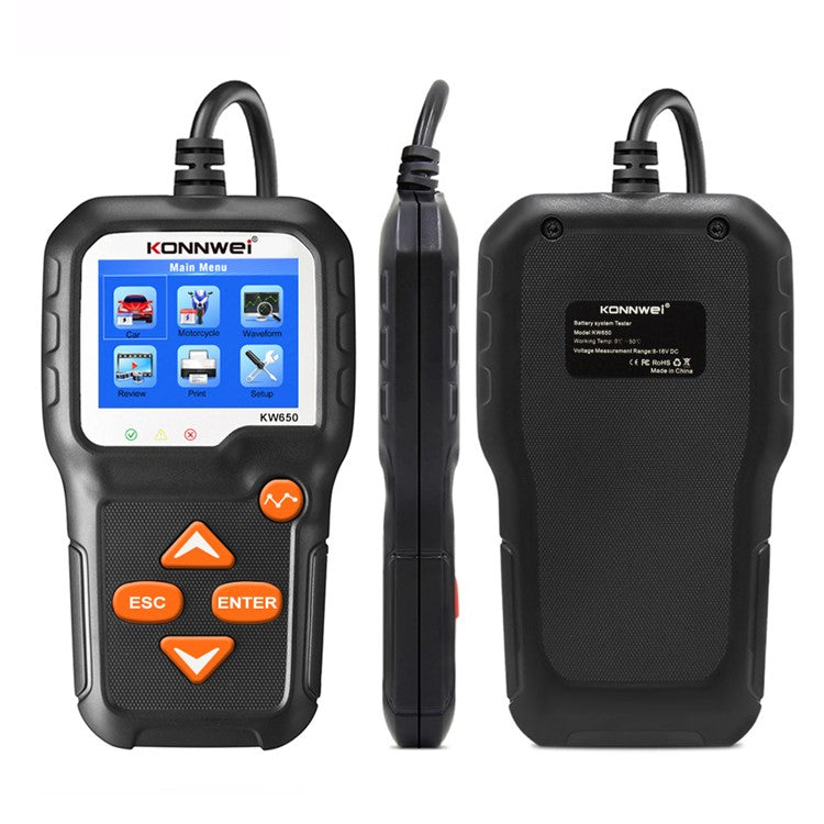 KONNWEI KW650 6-12V Car Motorcycle Battery Tester Charging Cranking Test Tool Battery Analyzer 100 to 2000 CCA