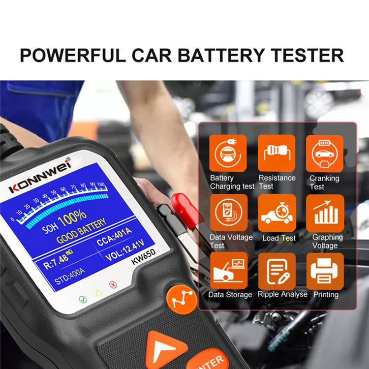 KONNWEI KW650 6-12V Car Motorcycle Battery Tester Charging Cranking Test Tool Battery Analyzer 100 to 2000 CCA