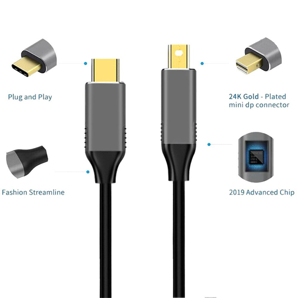 1.8m Type-C to Mini DP Compatible with Thunderbolt 3 Cord Mini Displayport 4K / 60Hz HD Video Cable for TV Monitor Projector